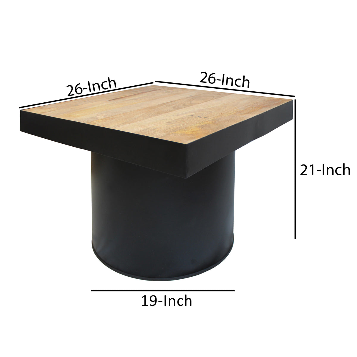 21 Inch Wooden Side Table with Block Metal Base, Brown and Black - UPT-247102