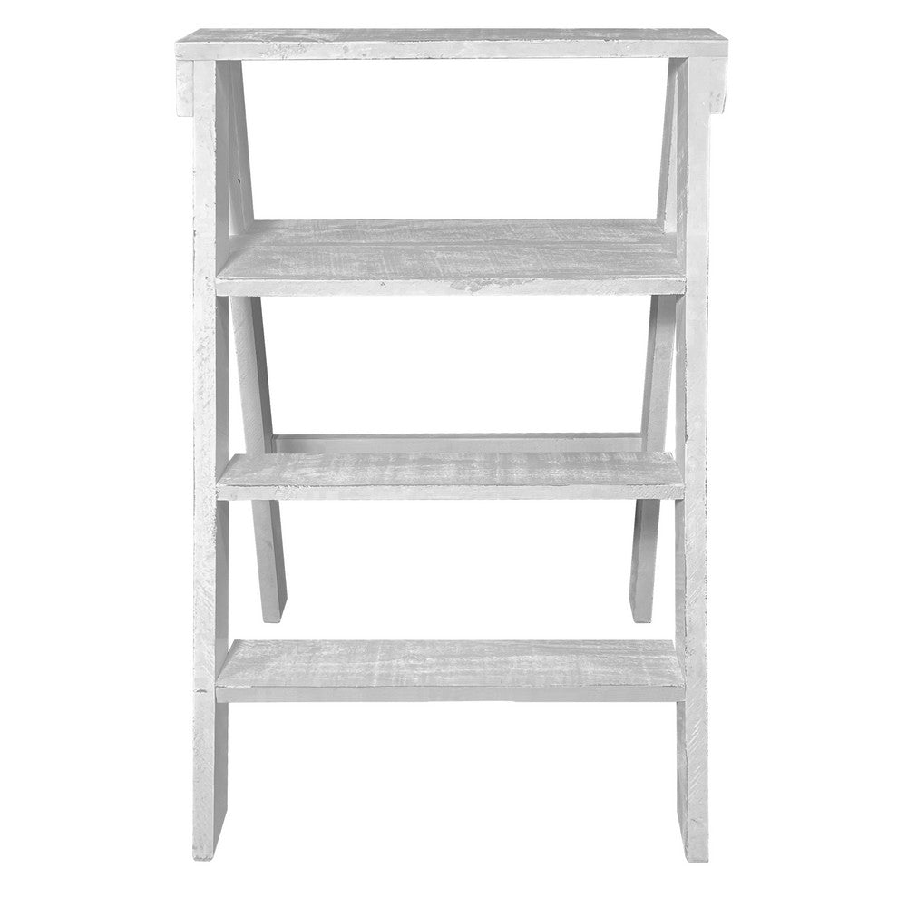 27 Inch Pinewood Ladder Bookcase, 4 Tier Open Shelves, Weathered White - UPT-248007