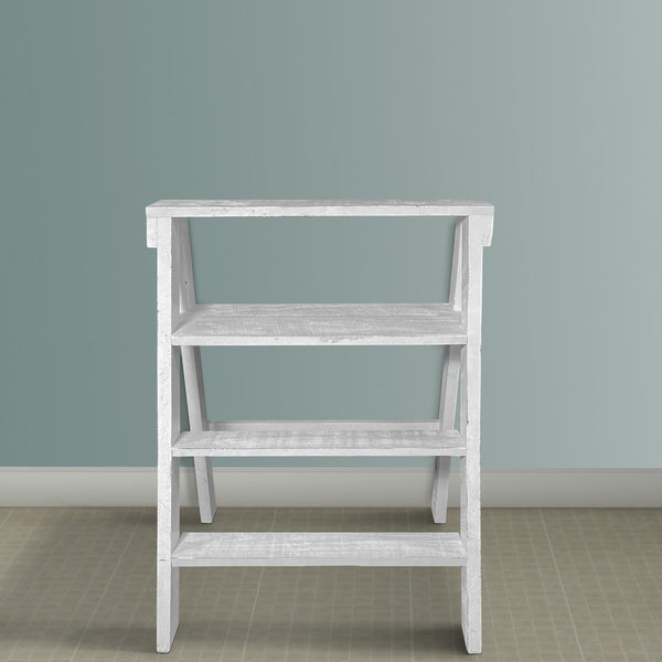 27 Inch Pinewood Ladder Bookcase, 4 Tier Open Shelves, Weathered White - UPT-248007