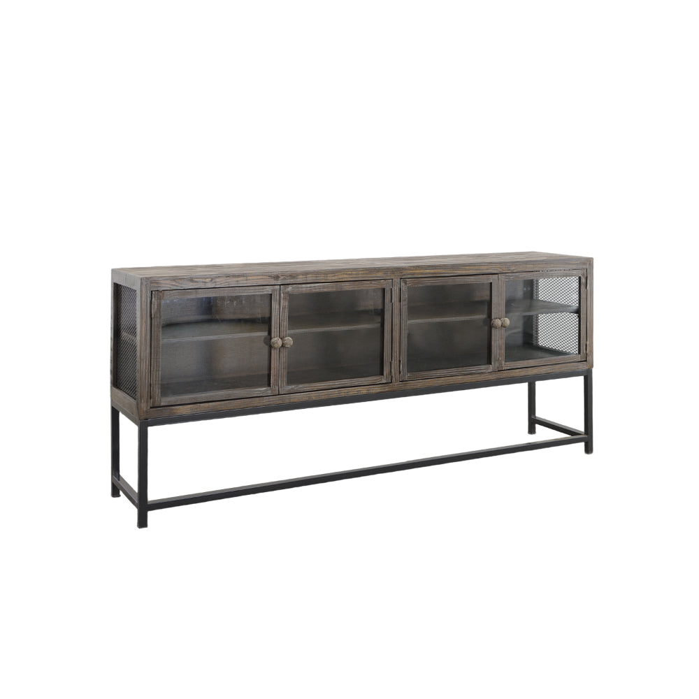 71 Inch Rustic Media Console TV Stand, 4 Glass Panel Doors, Solid Wood, Metal Frame, Brown and Black -  UPT-248010