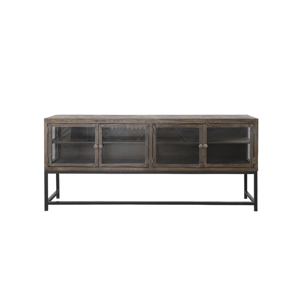 71 Inch Rustic Media Console TV Stand, 4 Glass Panel Doors, Solid Wood, Metal Frame, Brown and Black -  UPT-248010