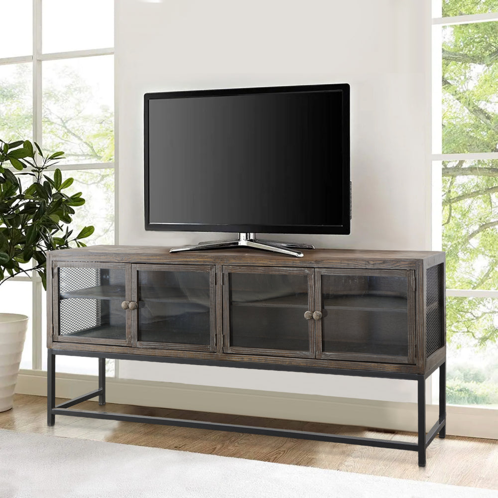 71 Inch Rustic Media Console TV Stand, 4 Glass Panel Doors, Solid Wood, Metal Frame, Brown and Black -  UPT-248010