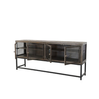 71 Inch Rustic Media Console TV Stand, 4 Glass Panel Doors, Solid Wood, Metal Frame, Brown and Black -  UPT-248010