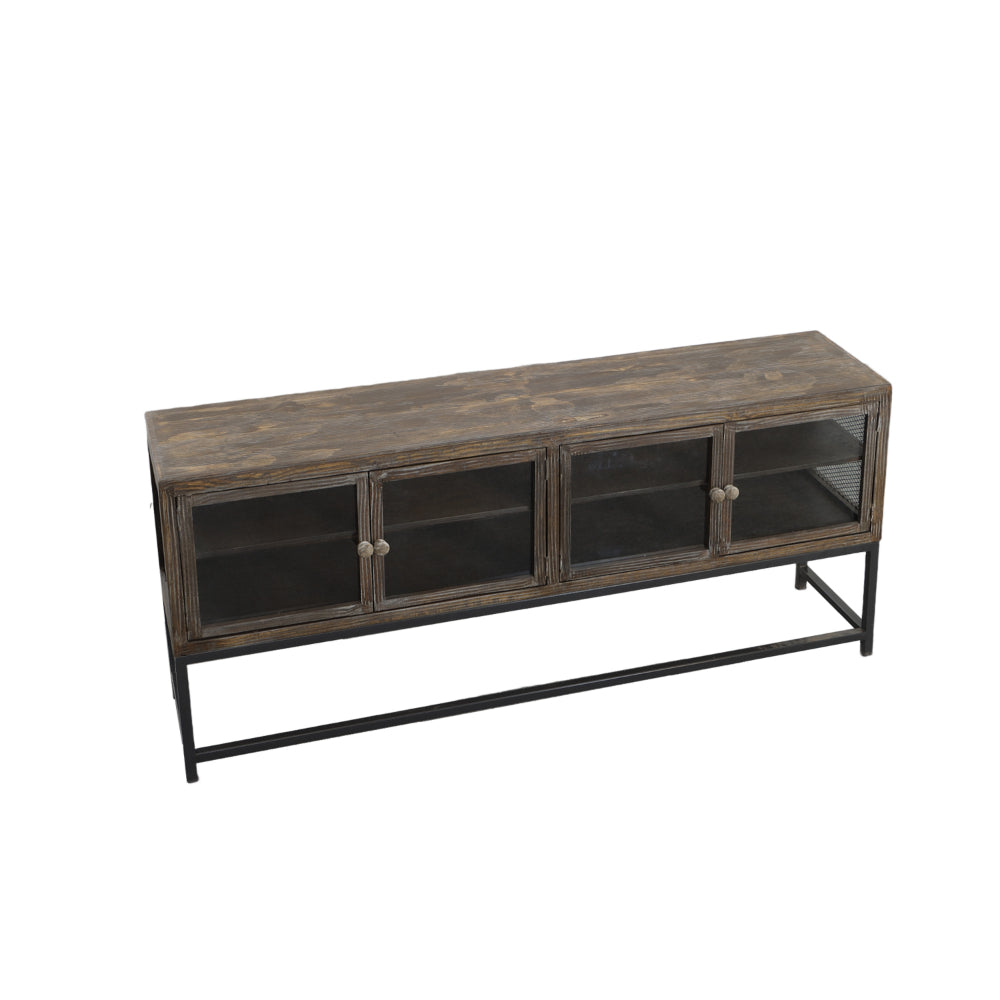 71 Inch Rustic Media Console TV Stand, 4 Glass Panel Doors, Solid Wood, Metal Frame, Brown and Black -  UPT-248010