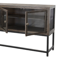 71 Inch Rustic Media Console TV Stand, 4 Glass Panel Doors, Solid Wood, Metal Frame, Brown and Black -  UPT-248010