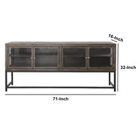 71 Inch Rustic Media Console TV Stand, 4 Glass Panel Doors, Solid Wood, Metal Frame, Brown and Black -  UPT-248010