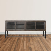 71 Inch Rustic Media Console TV Stand, 4 Glass Panel Doors, Solid Wood, Metal Frame, Brown and Black -  UPT-248010