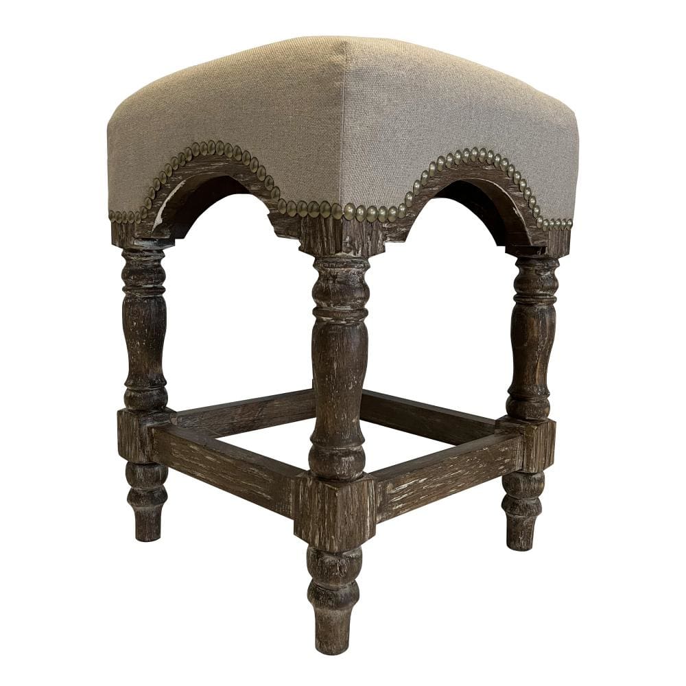 24 Inch Wooden Stool with Fabric Upholstery, Gray and Brown - UPT-248012