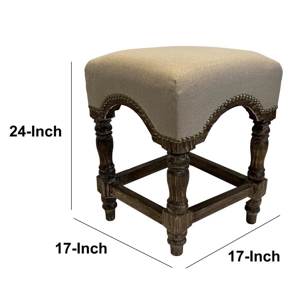 24 Inch Wooden Stool with Fabric Upholstery, Gray and Brown - UPT-248012