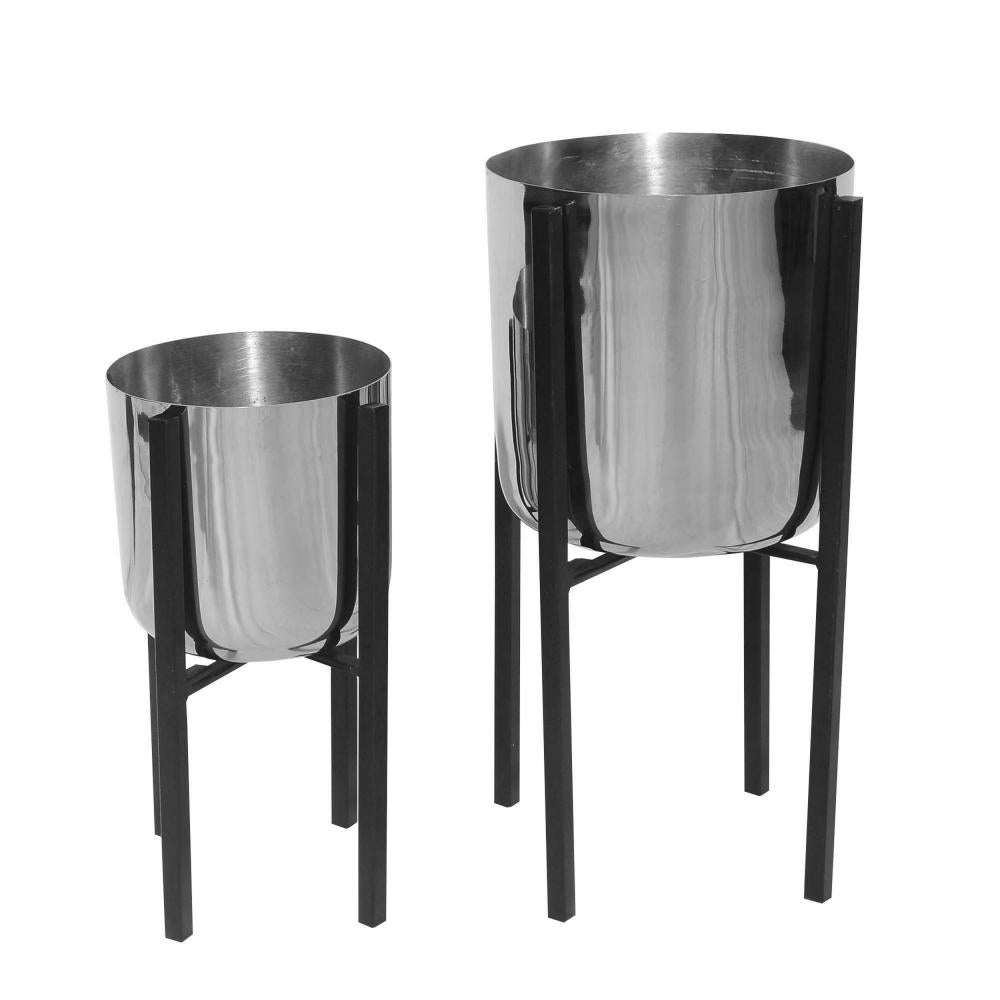 Iron Plant Stand with Bowl Shape and Tubular Metal Frame, Set of 2, Silver and Black - UPT-248041