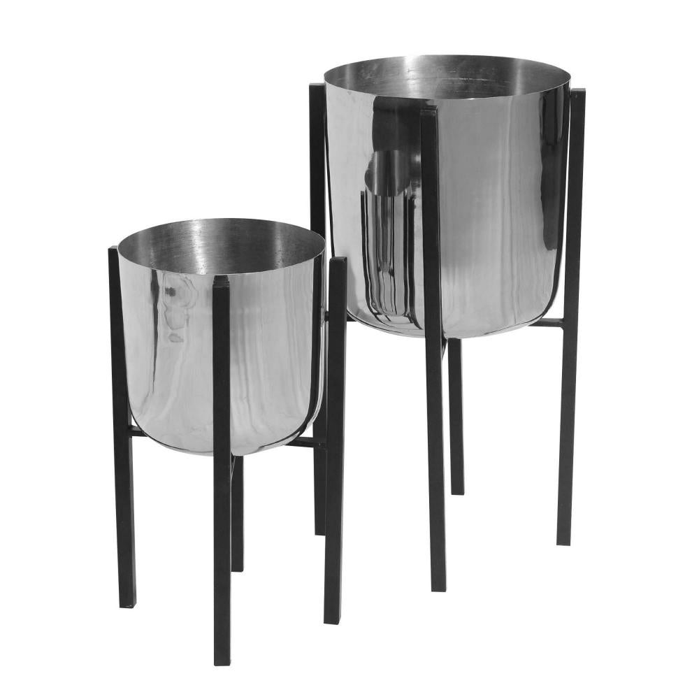Iron Plant Stand with Bowl Shape and Tubular Metal Frame, Set of 2, Silver and Black - UPT-248041