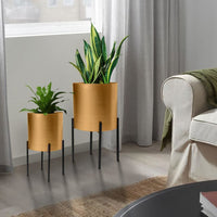 18, 14 Inch Round Indoor Planter, Iron Stand, Set of 2, Rose Gold and Black - UPT-248042