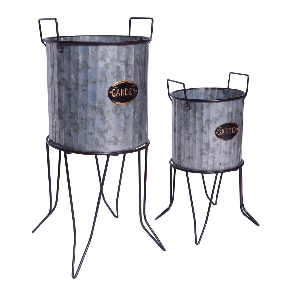 Galvanized Plant Stand with Corrugated Design and Metal Frame, Set of 2, Metallic Gray - UPT-248044