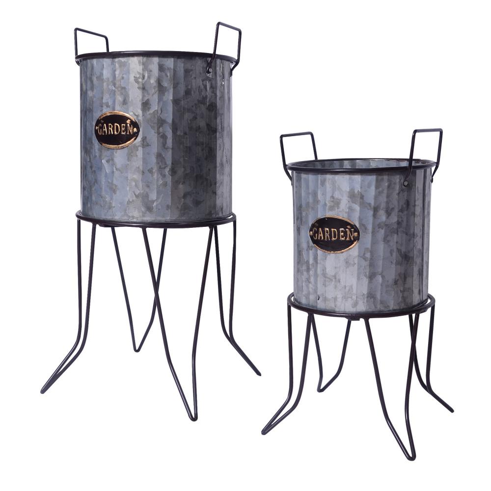 Galvanized Plant Stand with Corrugated Design and Metal Frame, Set of 2, Metallic Gray - UPT-248044