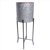 Galvanized Plant Stand with Corrugated Design and Metal Frame, Set of 2, Antique Silver - UPT-248045