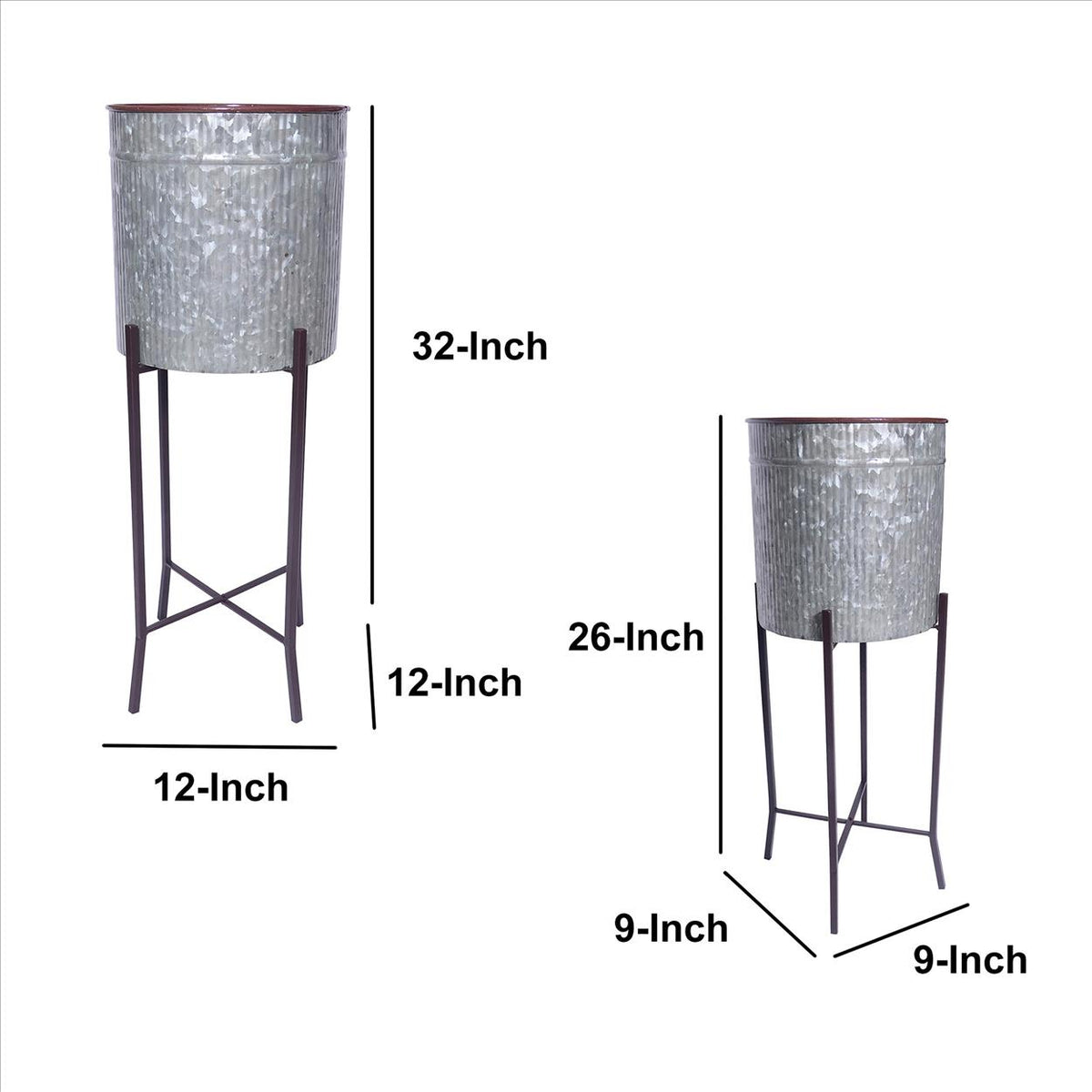 Galvanized Plant Stand with Corrugated Design and Metal Frame, Set of 2, Antique Silver - UPT-248045