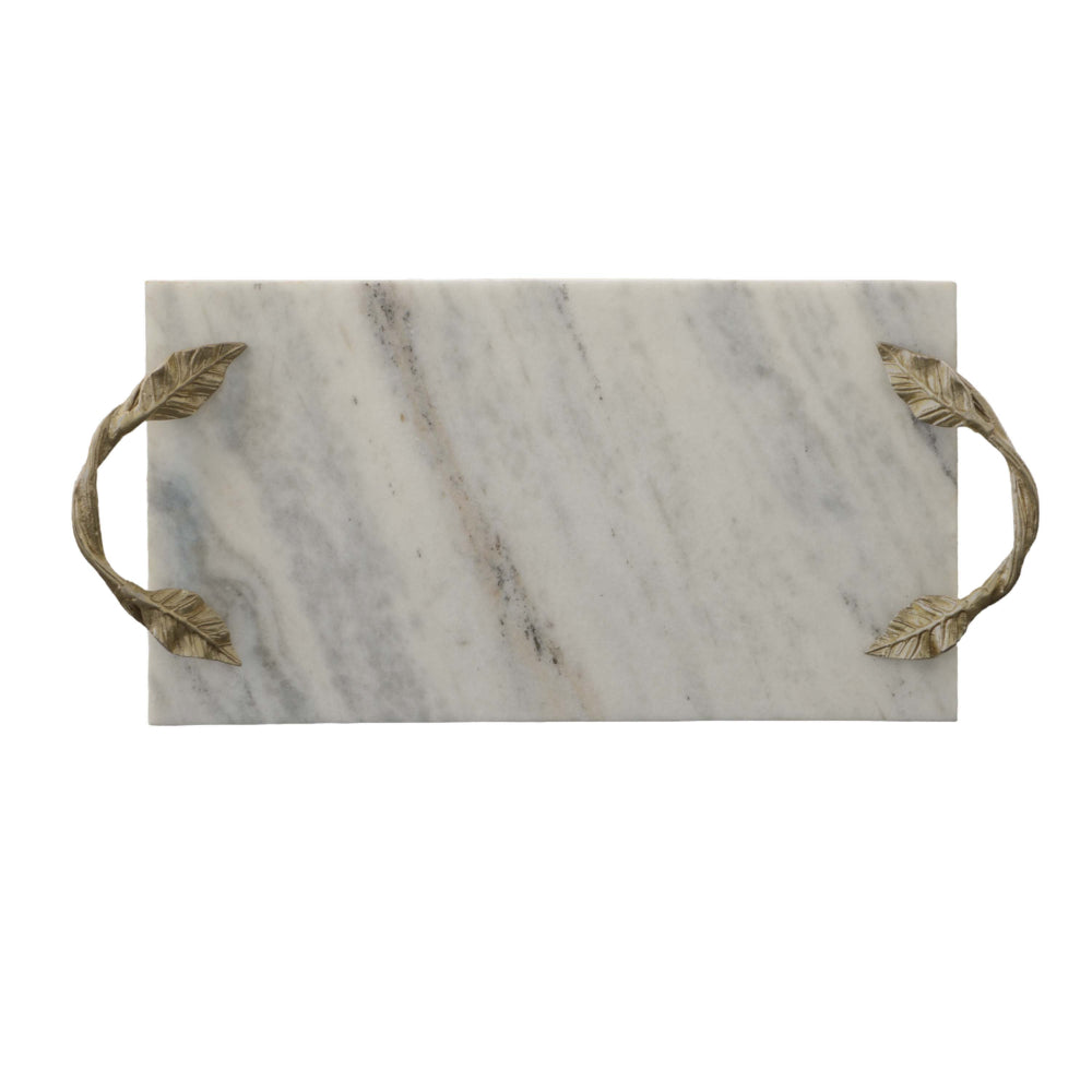 Decor Tray with Marble Frame and Carved Metal Handles, White and Gold - UPT-248051