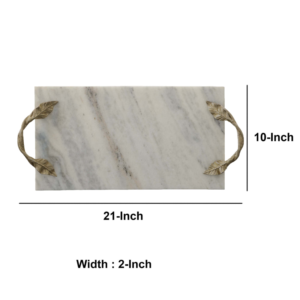 Decor Tray with Marble Frame and Carved Metal Handles, White and Gold - UPT-248051