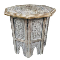 Olta 18 Inch Handcrafted Farmhouse Side Table, Engraved Carved Design, Mango Wood, Octagonal Top, Antique Brown - UPT-248136