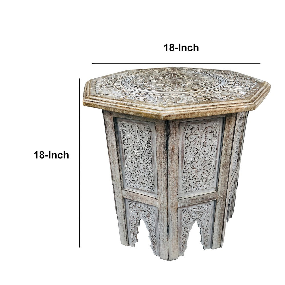Olta 18 Inch Handcrafted Farmhouse Side Table, Engraved Carved Design, Mango Wood, Octagonal Top, Antique Brown - UPT-248136