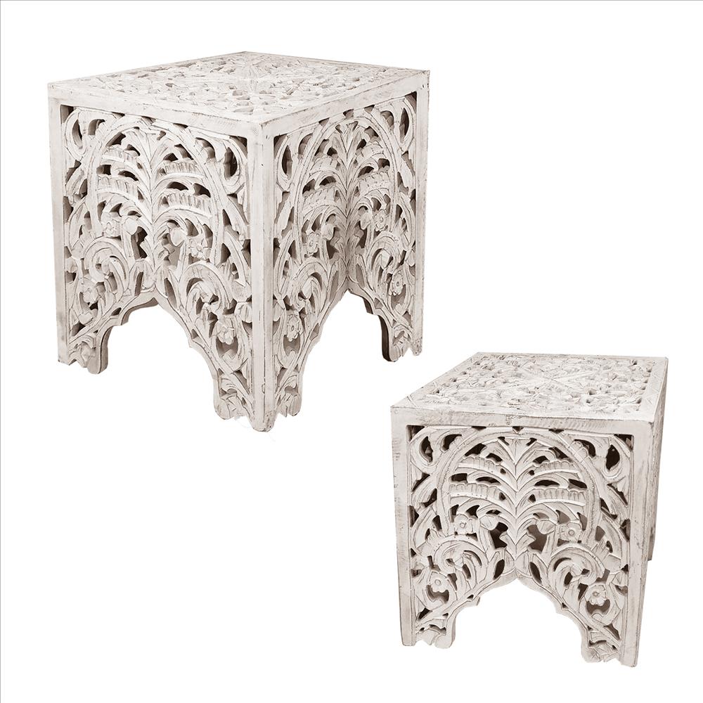 Wooden End Table with Floral Cut Out Design, Set of 2, Antique White - UPT-248137