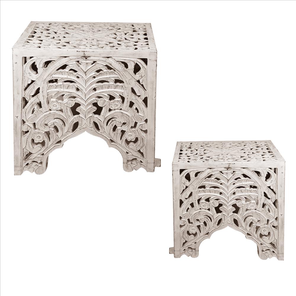 Wooden End Table with Floral Cut Out Design, Set of 2, Antique White - UPT-248137