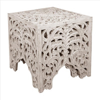 Wooden End Table with Floral Cut Out Design, Set of 2, Antique White - UPT-248137