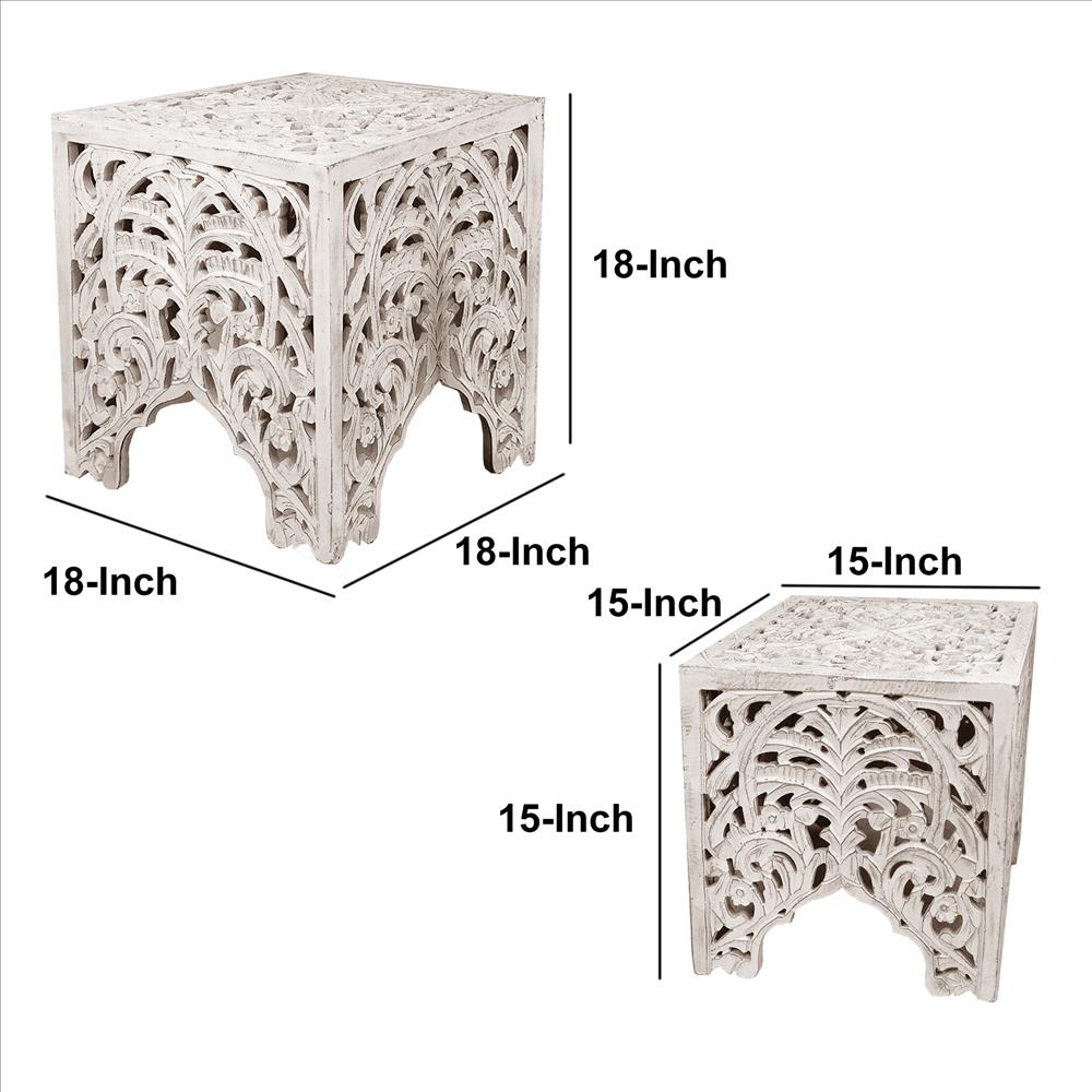 Wooden End Table with Floral Cut Out Design, Set of 2, Antique White - UPT-248137