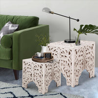 Wooden End Table with Floral Cut Out Design, Set of 2, Antique White - UPT-248137