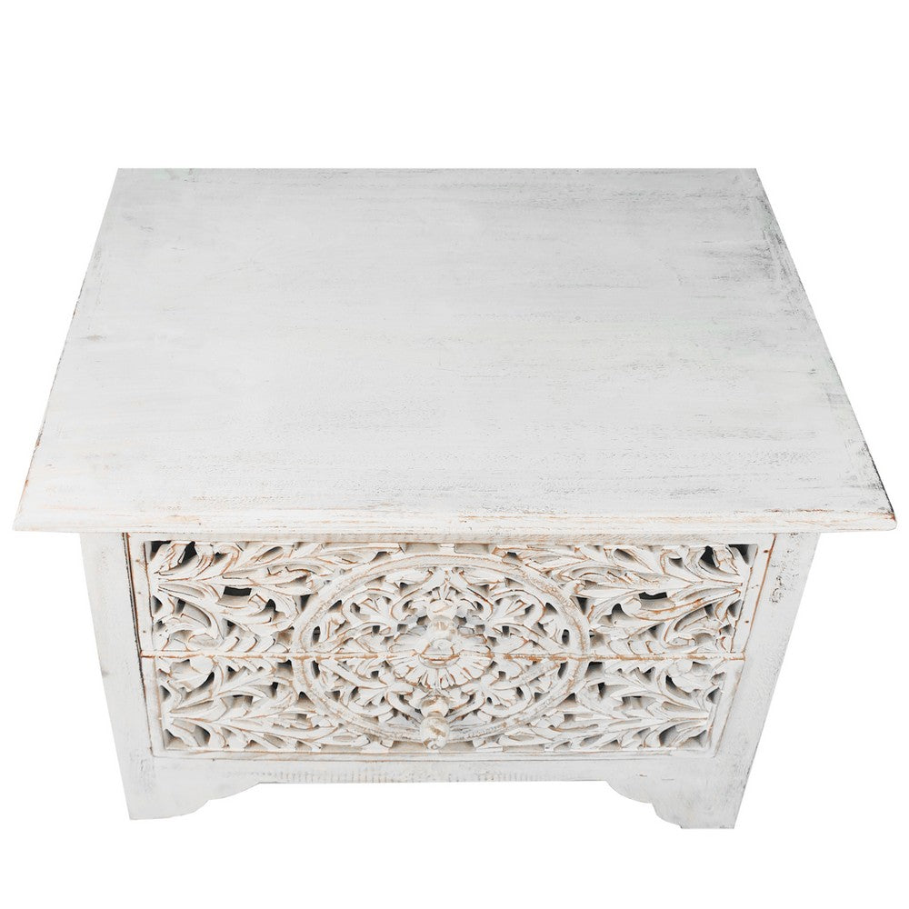Olta 24 Inch Handcrafted Mango Wood Nightstand Side Table, 2 Drawers, Floral Carved Cut Out Design, Antique White - UPT-248138