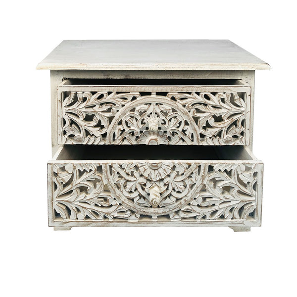 Olta 24 Inch Handcrafted Mango Wood Nightstand Side Table, 2 Drawers, Floral Carved Cut Out Design, Antique White - UPT-248138