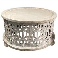 30 Inch Round 2 Piece Wood Coffee Table Set, Carved Floral Design, Antique White - UPT-248139