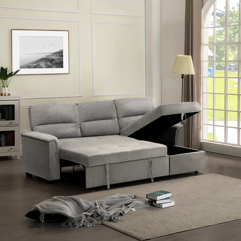 90 Inch 2 Piece Pull Out Sleeper Sofa, Storage Chaise, Light Gray Fabric, Split Back - UPT-248140