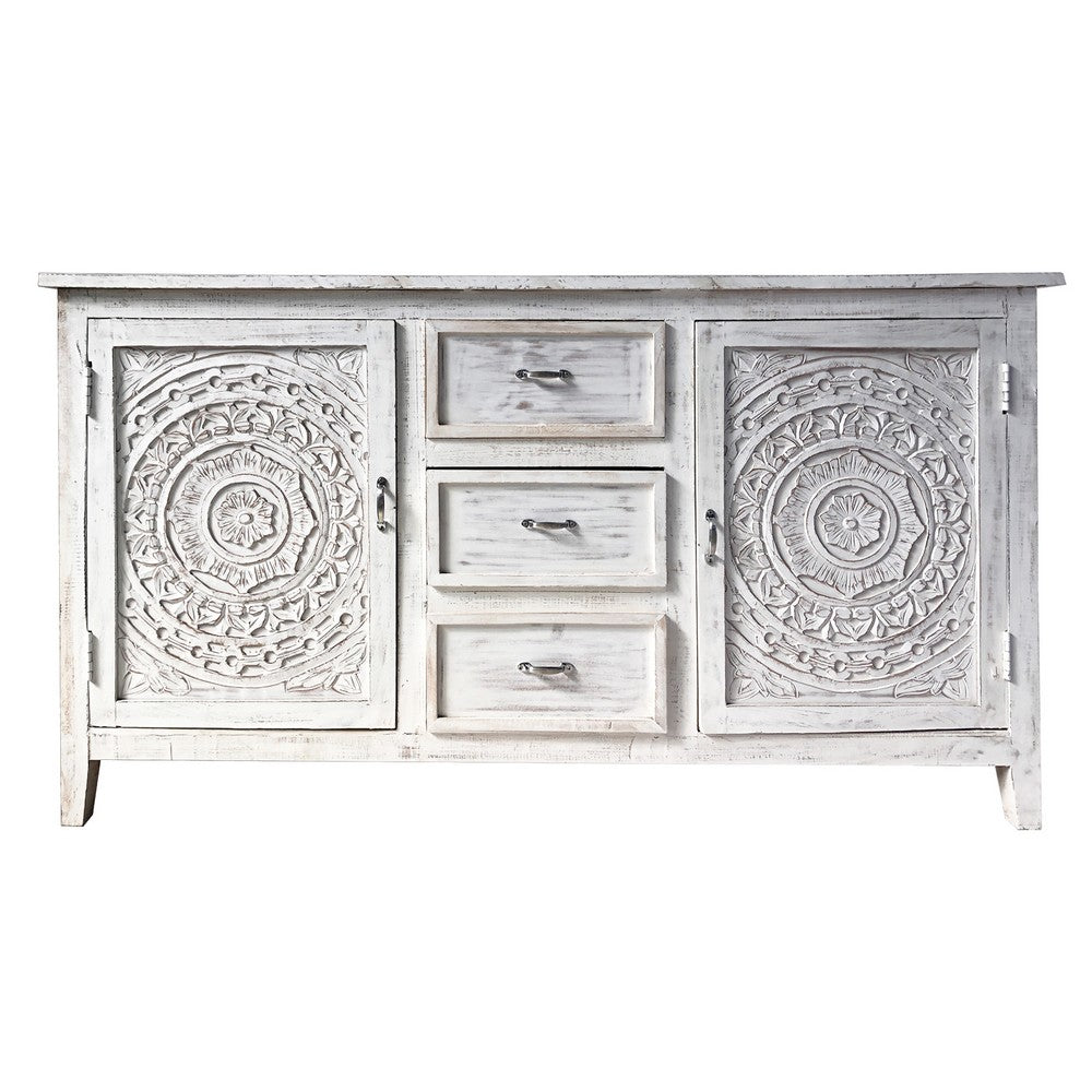 Olta 64 Inch Handcrafted Farmhouse Carved Sideboard Console Buffet, Mango Wood, 2 Engraved Doors, 3 Drawers, Antique White - UPT-248142