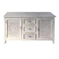 Olta 64 Inch Handcrafted Farmhouse Carved Sideboard Console Buffet, Mango Wood, 2 Engraved Doors, 3 Drawers, Antique White - UPT-248142