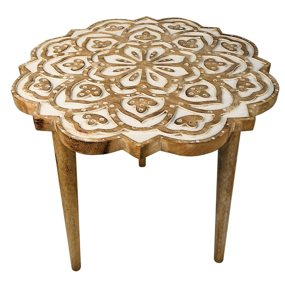 18 Inch Handcrafted Mango Wood Side End Table, Floral Carved Top, Tripod Base, Antique Brown, White - UPT-248149