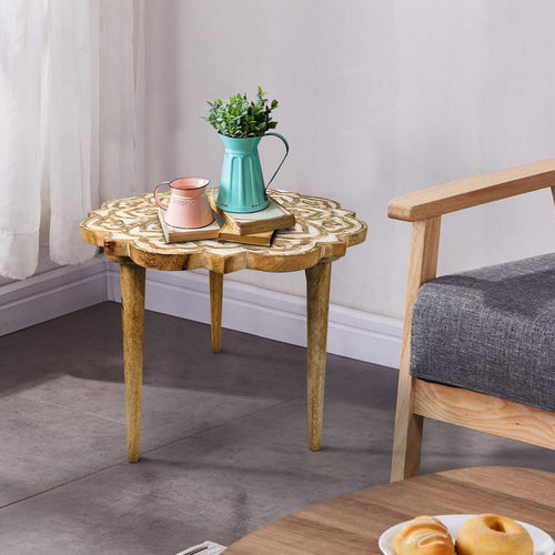 18 Inch Handcrafted Mango Wood Side End Table, Floral Carved Top, Tripod Base, Antique Brown, White - UPT-248149