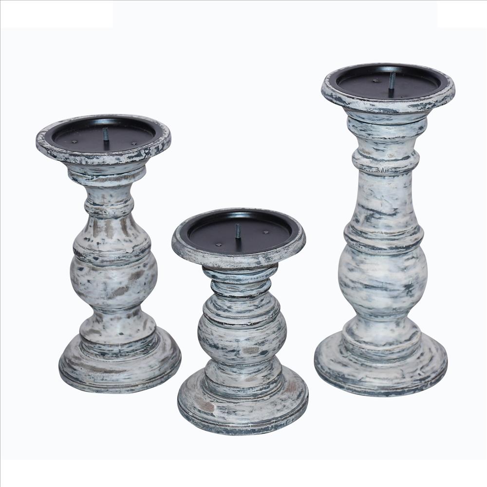Wooden Candleholder with Turned Pedestal Base, Set of 3, Distressed White and Black - UPT-249271