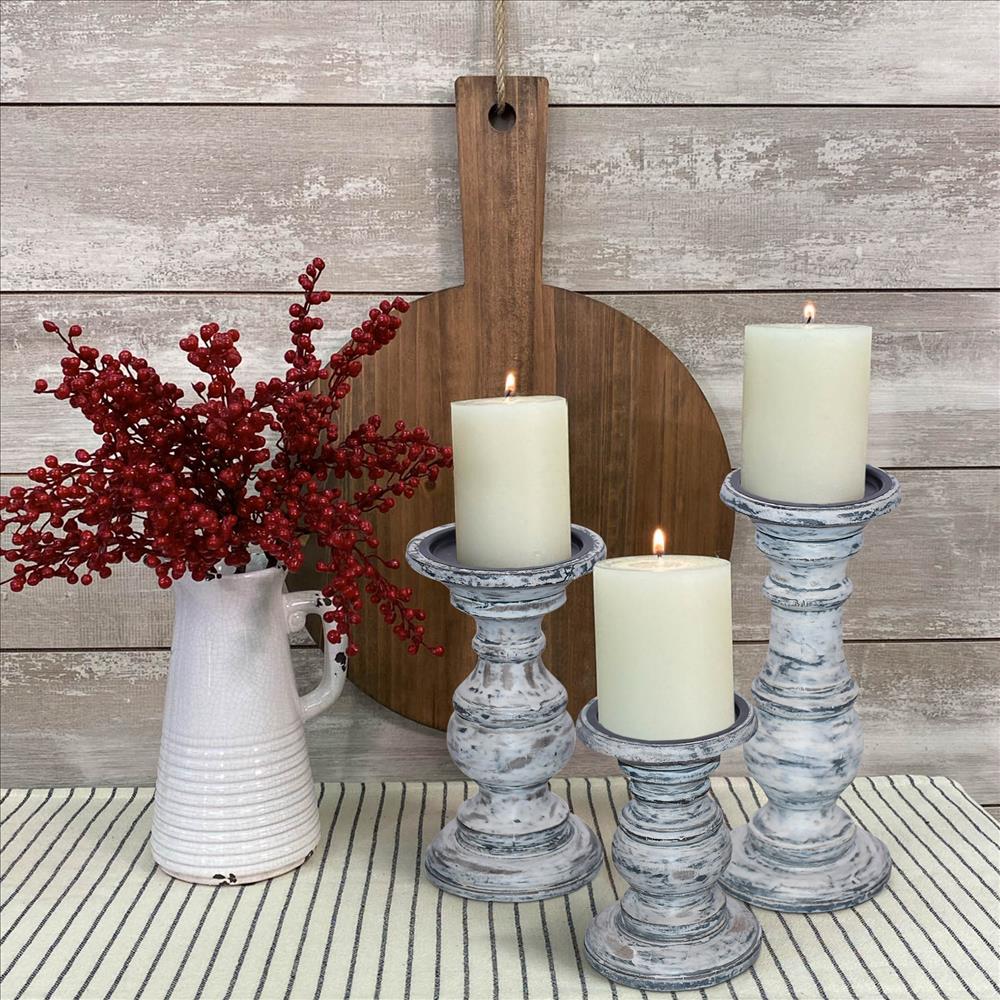 Wooden Candleholder with Turned Pedestal Base Set of 3 Distressed White and Black UPT 249271