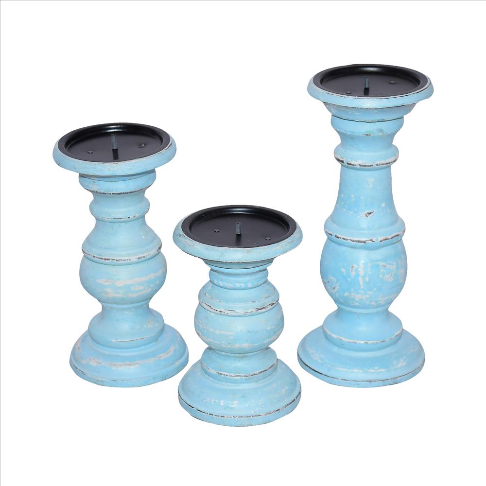 Wooden Candleholder with Turned Pedestal Base, Set of 3, Distressed Blue - UPT-249273