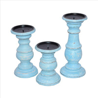 Wooden Candleholder with Turned Pedestal Base, Set of 3, Distressed Blue - UPT-249273