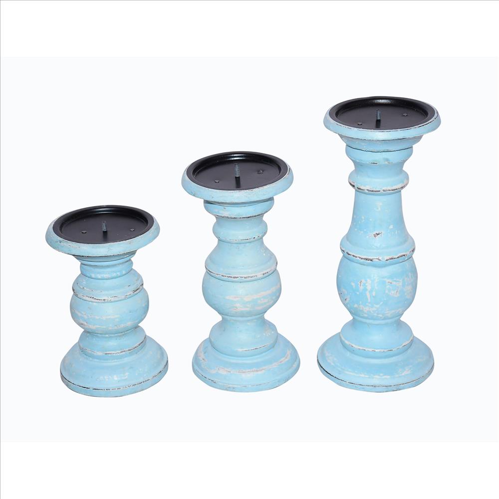 Wooden Candleholder with Turned Pedestal Base, Set of 3, Distressed Blue - UPT-249273