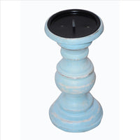 Wooden Candleholder with Turned Pedestal Base, Set of 3, Distressed Blue - UPT-249273