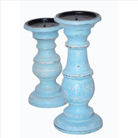 Wooden Candleholder with Turned Pedestal Base, Set of 3, Distressed Blue - UPT-249273