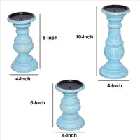 Wooden Candleholder with Turned Pedestal Base, Set of 3, Distressed Blue - UPT-249273