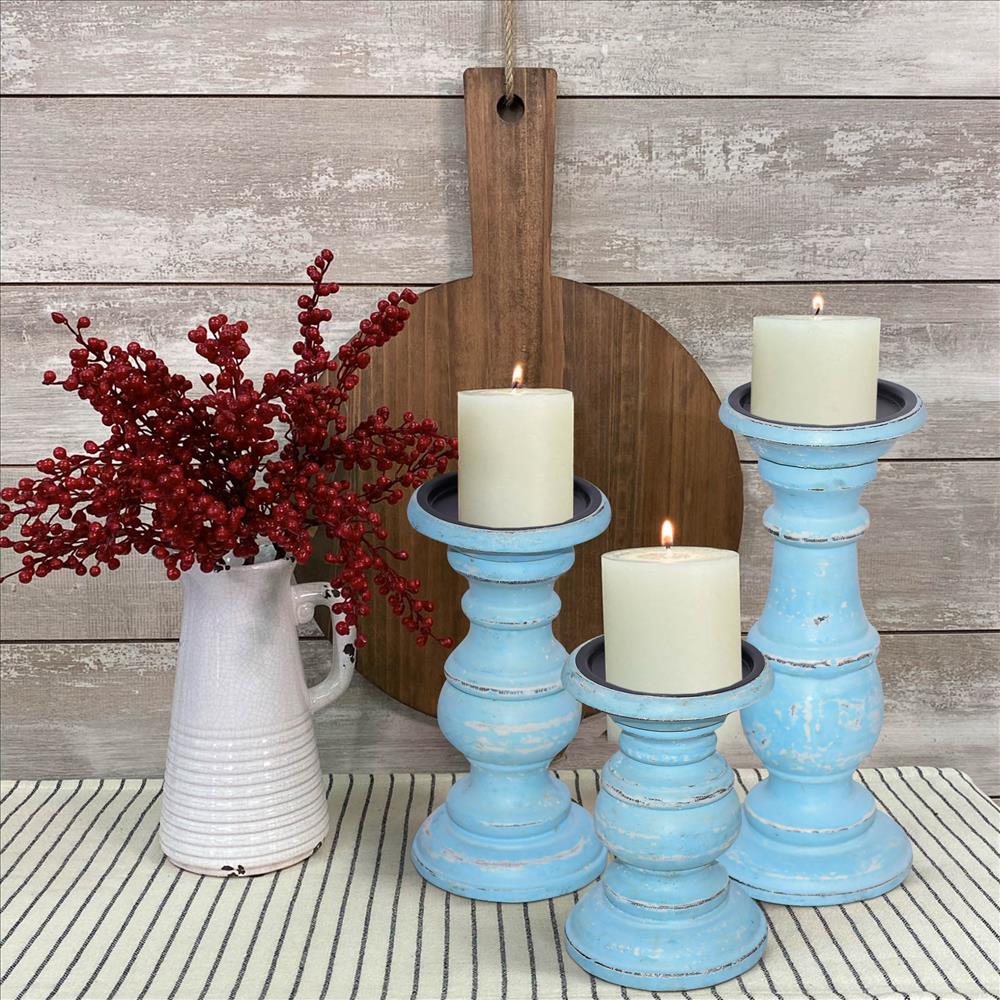 Wooden Candleholder with Turned Pedestal Base, Set of 3, Distressed Blue - UPT-249273