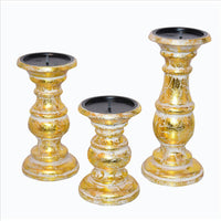 Wooden Candleholder with Turned Pedestal Base, Set of 3, Distressed Gold - UPT-249274
