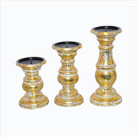 Wooden Candleholder with Turned Pedestal Base, Set of 3, Distressed Gold - UPT-249274