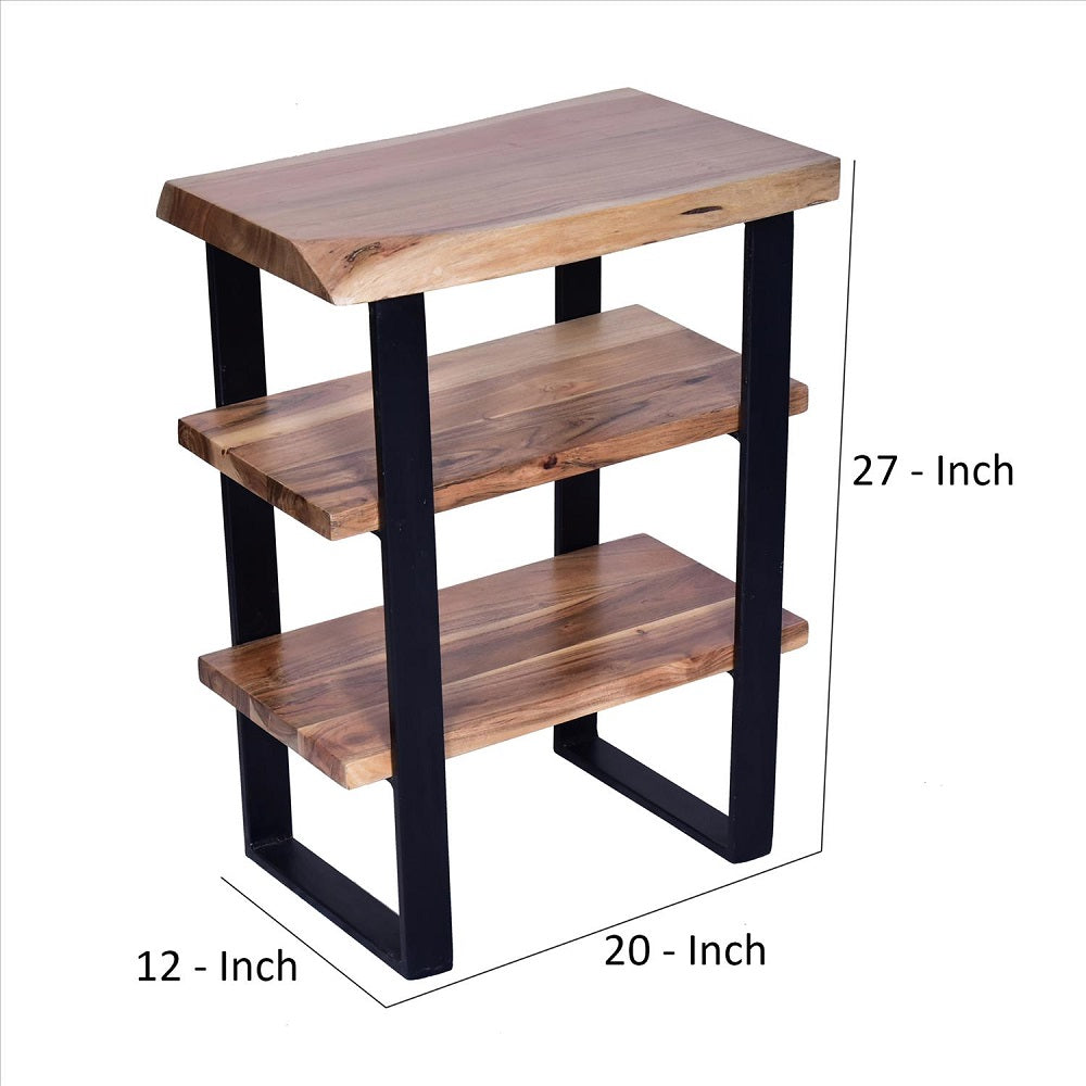 20 Inches Industrial End Side Table with Artisinal Live Edge Wood, Metal Legs, Brown, Black - UPT-250418