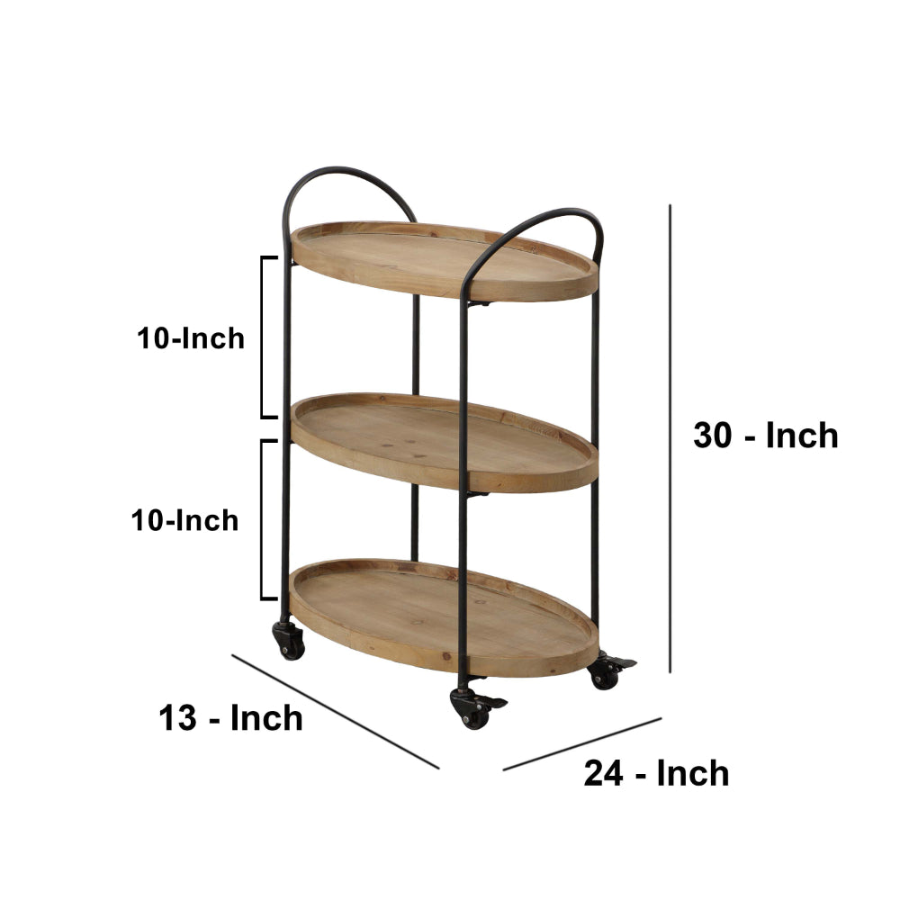 23 Inch Wood Bar Cart with 3 Tier Storage Trays and Metal Frame, Brown - UPT-250424